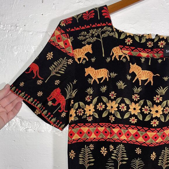 Vintage Sag Harbor Petite 10P Animal Print Black Shift Dress Tigers Lions Floral - Picture 3 of 12